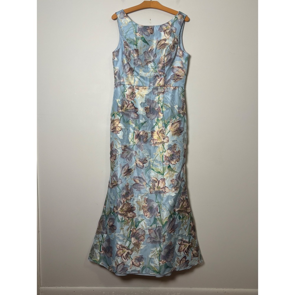 Oleg Cassini Metallic Floral Brocade Formal Gown 12 Blue Mermaid Occasion Dress